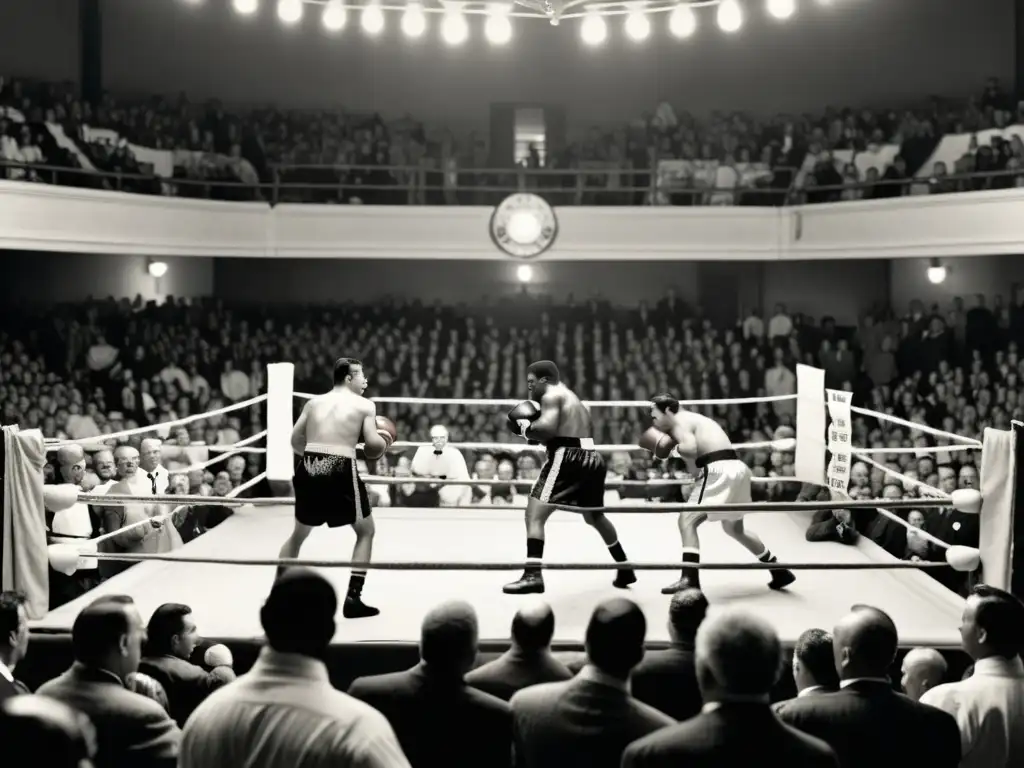 Emocionante pelea de boxeo en la Europa victoriana, con multitud vestida de época animando en una arena oscura y llena de energía