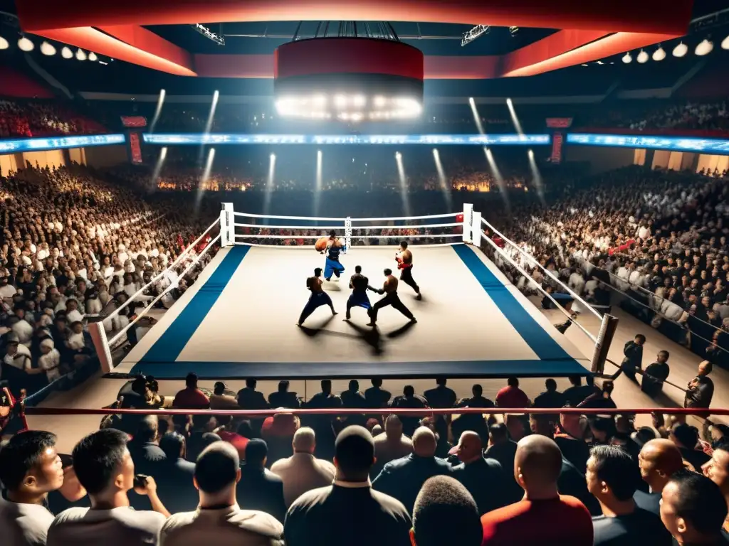 Emocionante pelea en un estadio de artes marciales con promoción eventos artes marciales streaming