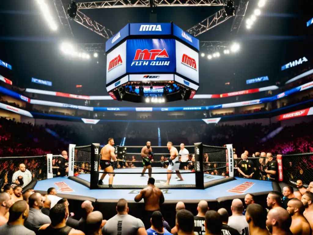 Una emocionante pelea de MMA en un estadio repleto, con una multitud entusiasta y los luchadores en plena acción