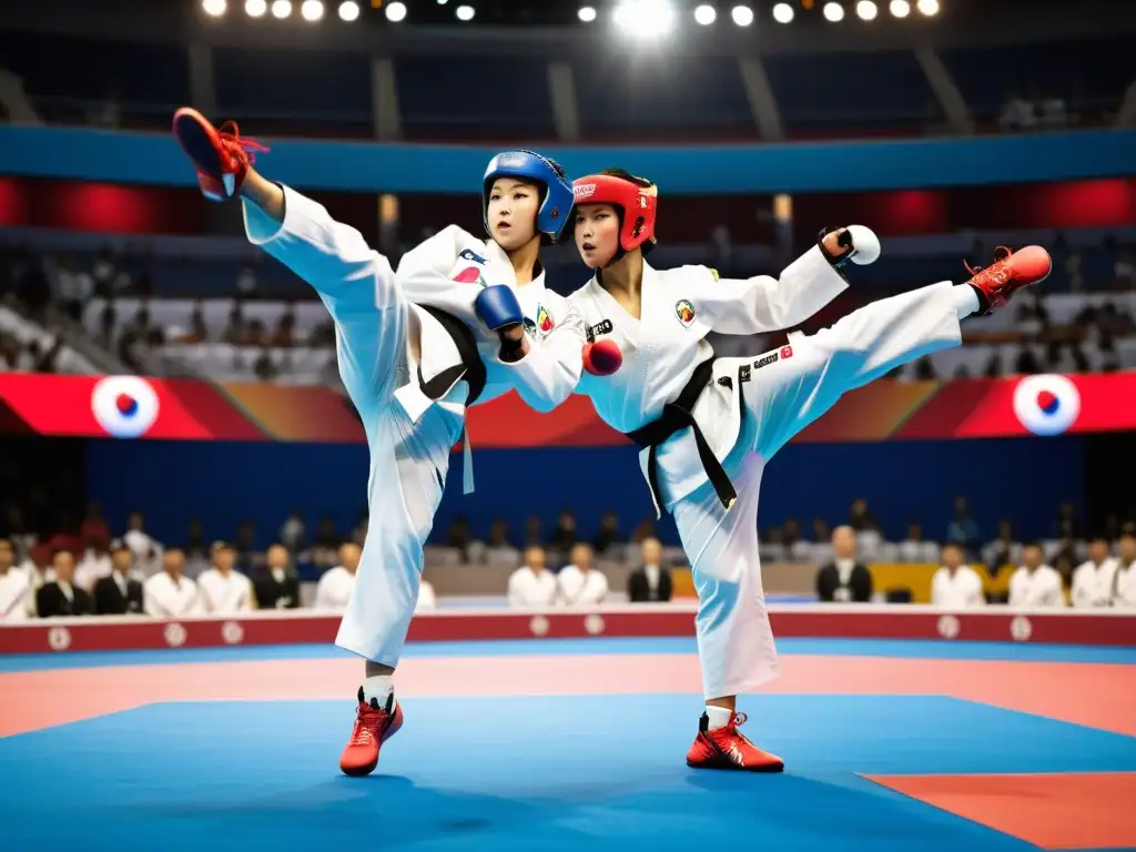 Un emocionante torneo de taekwondo, donde atletas ejecutan movimientos precisos y potentes en un estadio lleno de espectadores