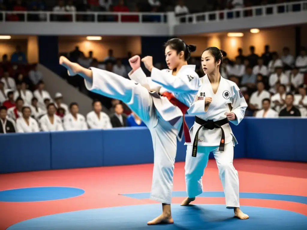 Emocionante torneo de taekwondo con competidores en acción y multitud animando