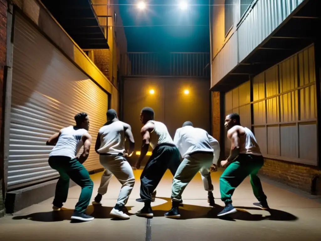 Encuentro de krump dancers y capoeiristas en un callejón urbano, rebeldía y resistencia en artes marciales palpables en la intensa atmósfera