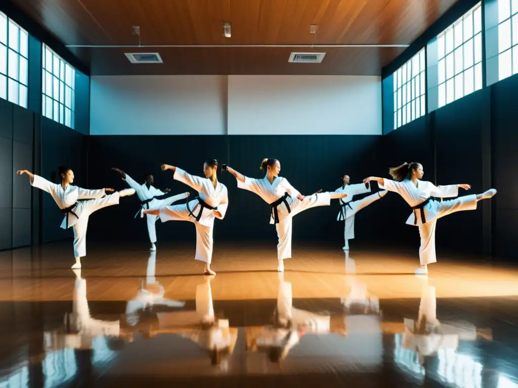 Encuentros coreográficos entre karate y danza moderna: Fusión de movimientos precisos y expresión artística en estudio espacioso con suelo de madera y paredes espejadas