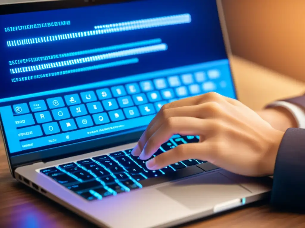 Un enfoque detallado de manos escribiendo en un teclado seguro, con VPN y autenticación multifactor