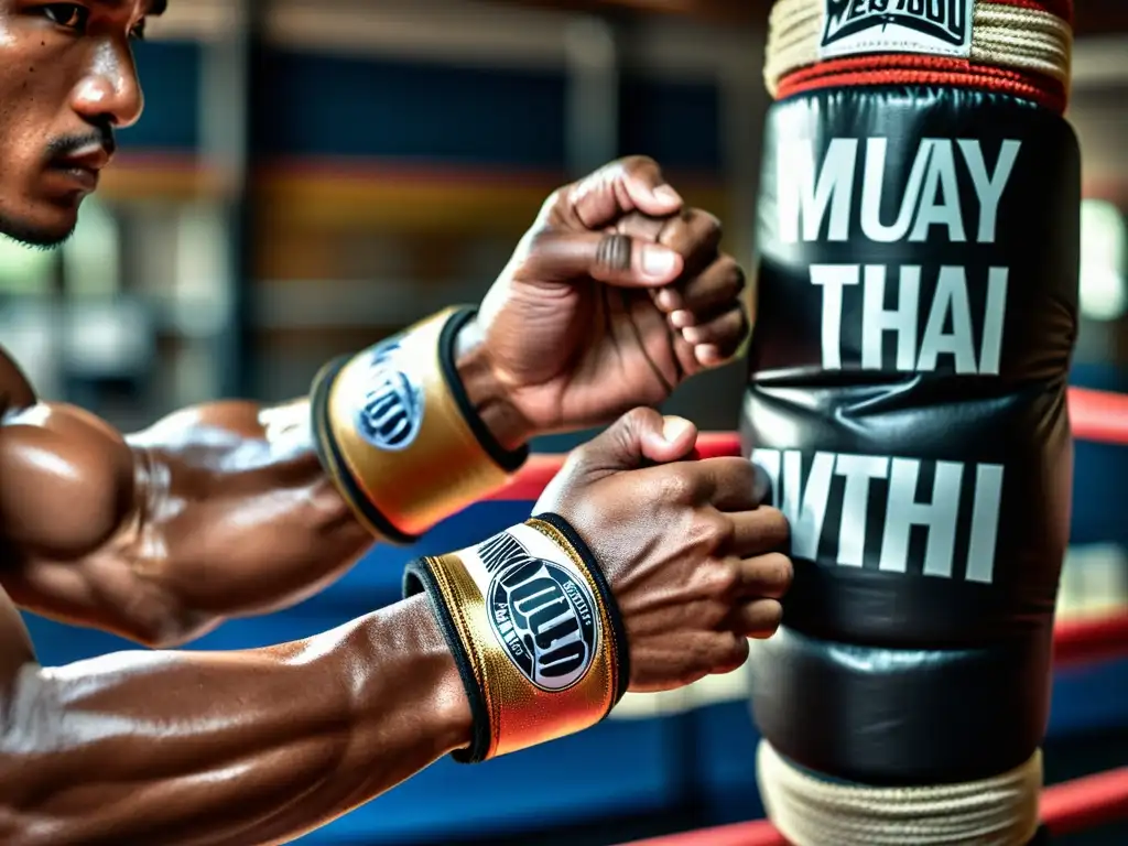 Un enfoque detallado y potente del envoltorio de manos con vendas de colágeno en un gimnasio de Muay Thai