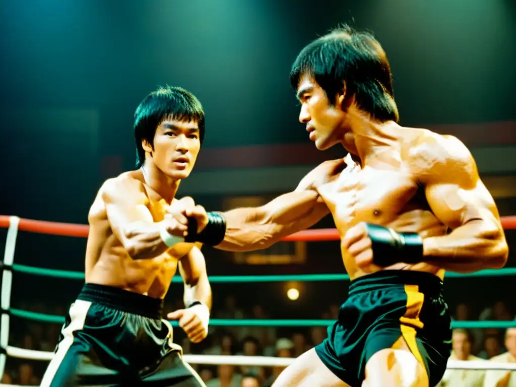 Bruce Lee y Chuck Norris enfrentados en una pelea icónica del cine de artes marciales, mostrando intensidad y habilidad