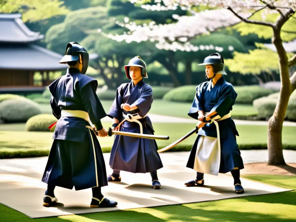 Un enfrentamiento intenso de practicantes jóvenes de kendo en un tranquilo jardín japonés