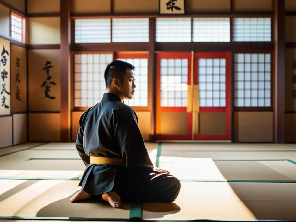 Entrenamiento Socrático: Dojo de artes marciales Enseñanza marcial filosofía Sócrates: Imagen evocadora de un dojo con luz solar, sombras dramáticas y diálogo profundo entre instructor y estudiantes