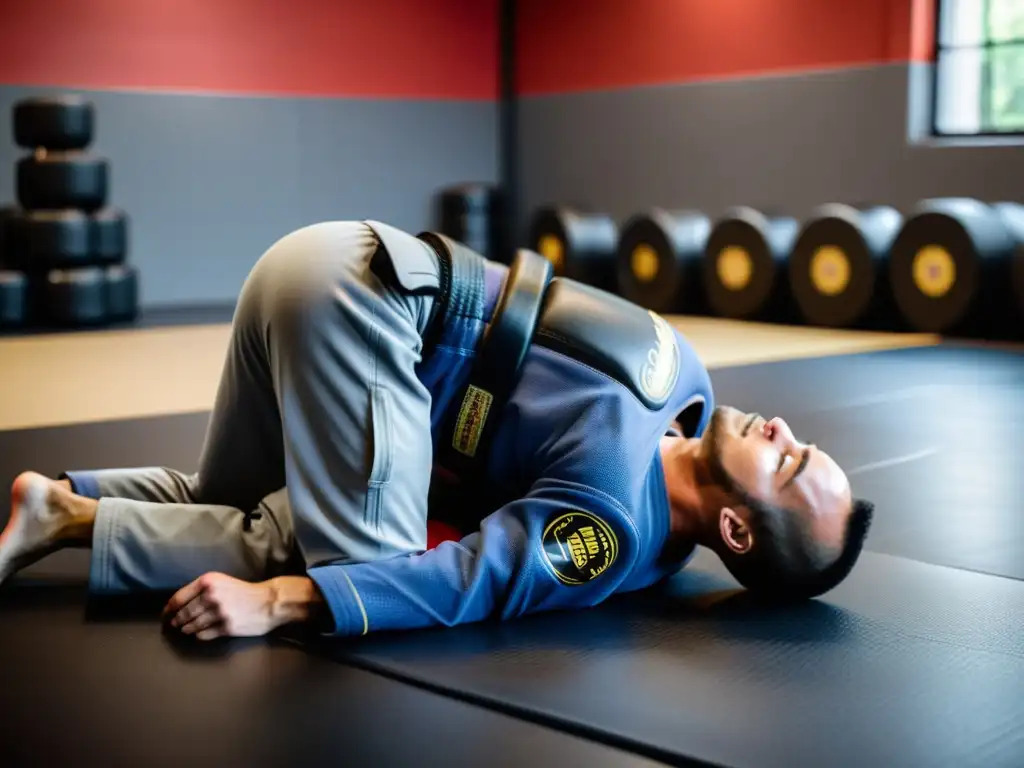 Un entorno de entrenamiento profesional de BJJ, con un practicante enfocado y determinado trabajando con un maniquí de entrenamiento