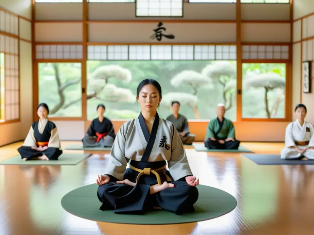 Entorno sereno de dojo de artes marciales con meditación consciente