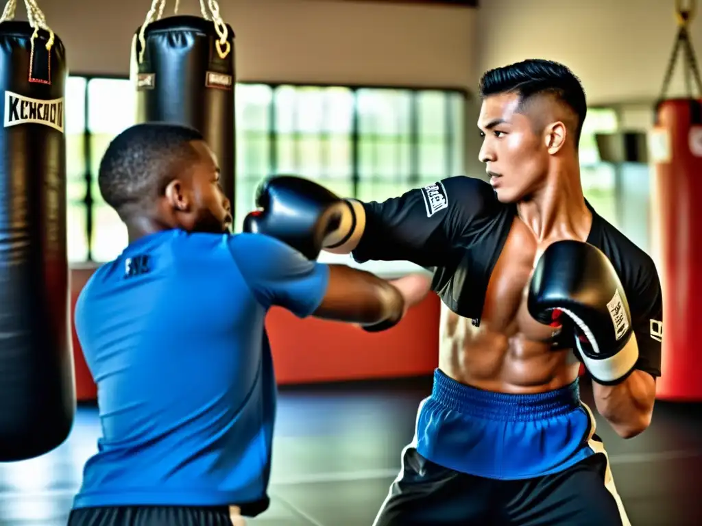 Entrenador de kickboxing sostiene almohadillas de entrenamiento de alta calidad mientras estudiante lanza patada poderosa