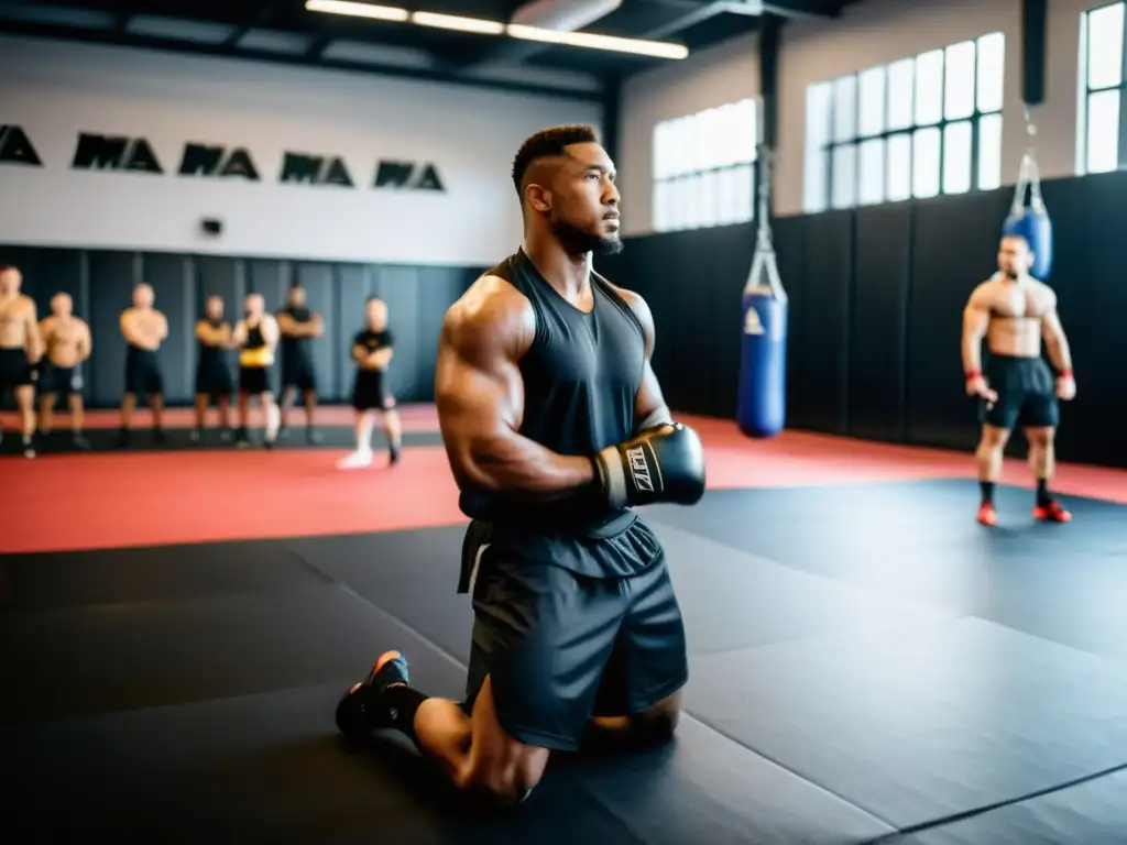 Un entrenador de artes marciales lidera a atletas de MMA en una sesión de acondicionamiento físico en un gimnasio profesional