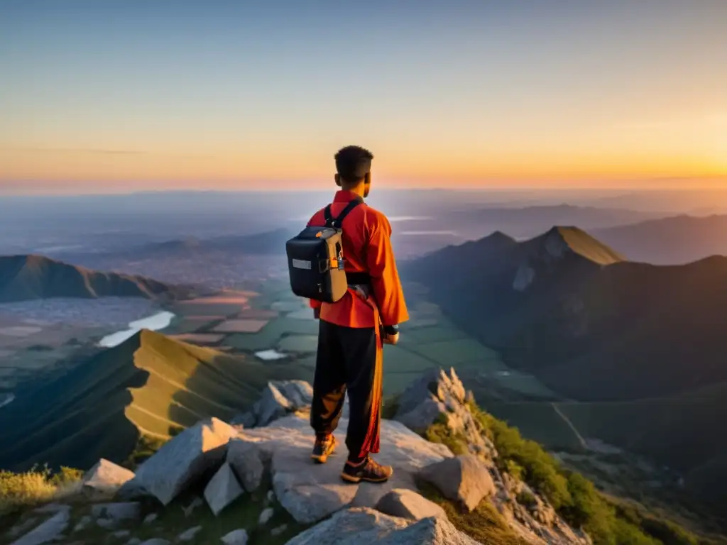 Un entrenador de artes marciales en la cima de una montaña al atardecer, listo para su viaje con un GPS