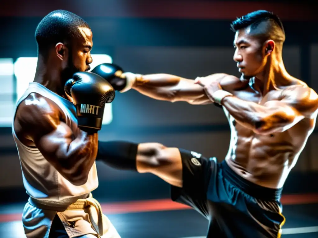 Un entrenador de artes marciales y su cliente practican con determinación en un dojo tenue, destacando la concentración y esfuerzo físico