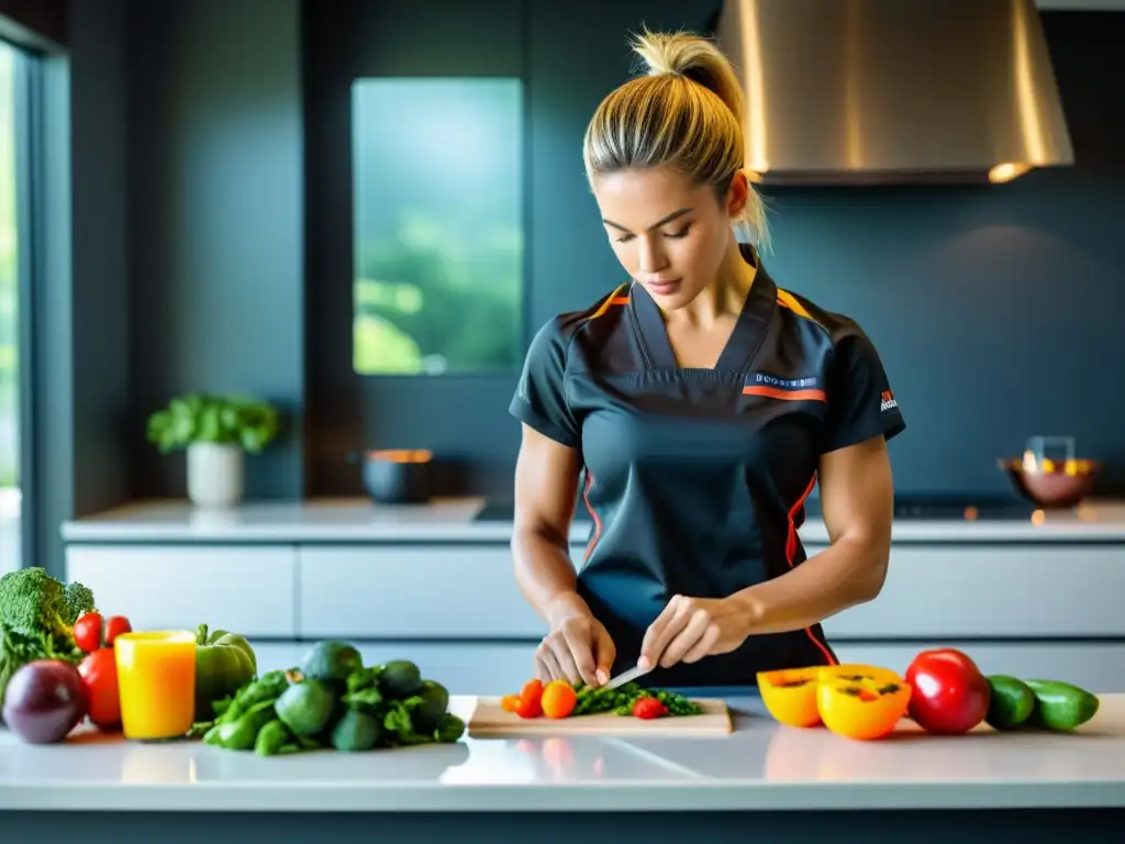 Un entrenador de artes marciales prepara con cuidado alimentos balanceados en una cocina moderna, bajo la cálida luz matutina