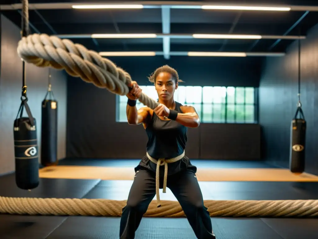 Un entrenador de artes marciales realiza ejercicios con una cuerda de batalla en un gimnasio tenue