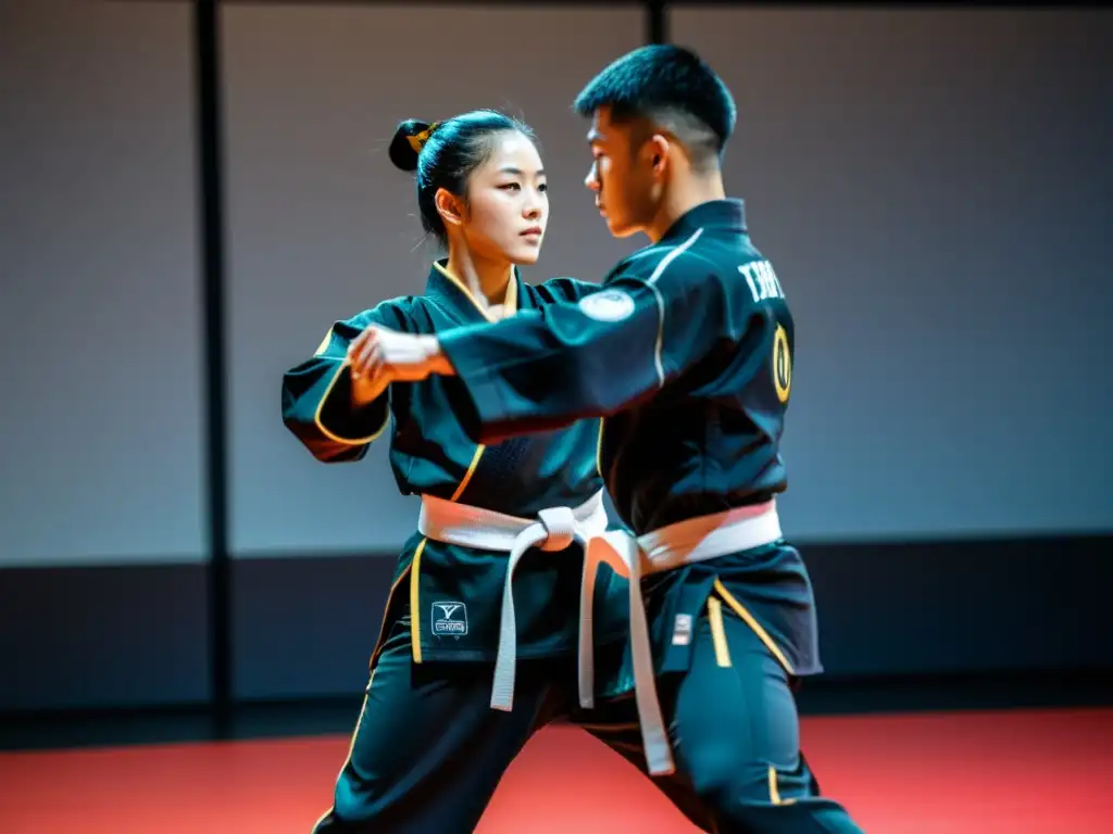 Entrenador de artes marciales y estudiante usando tecnología para mejorar técnica en un ambiente profesional