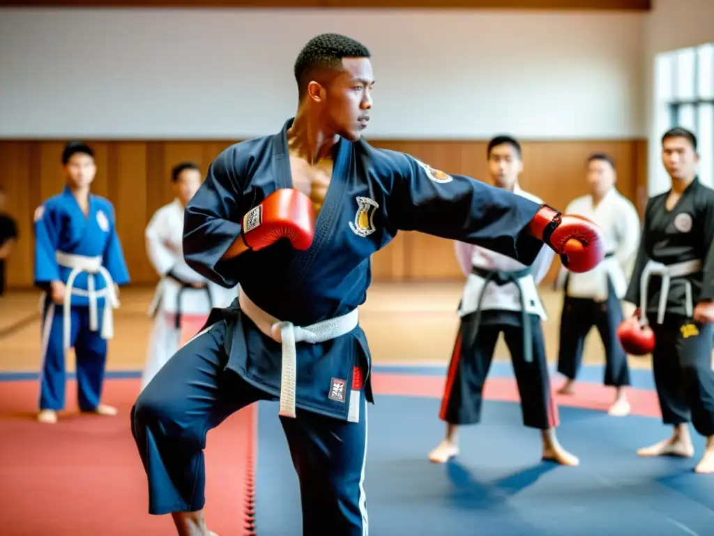 Un entrenador de artes marciales inspira a sus estudiantes en un gimnasio, mostrando una patada precisa y poderosa