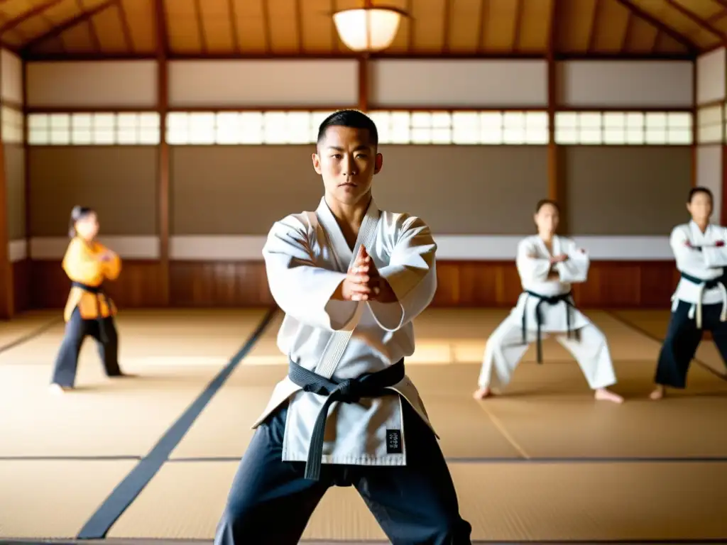 Entrenador de artes marciales y estudiantes practicando postura con precisión en un dojo iluminado por la luz natural