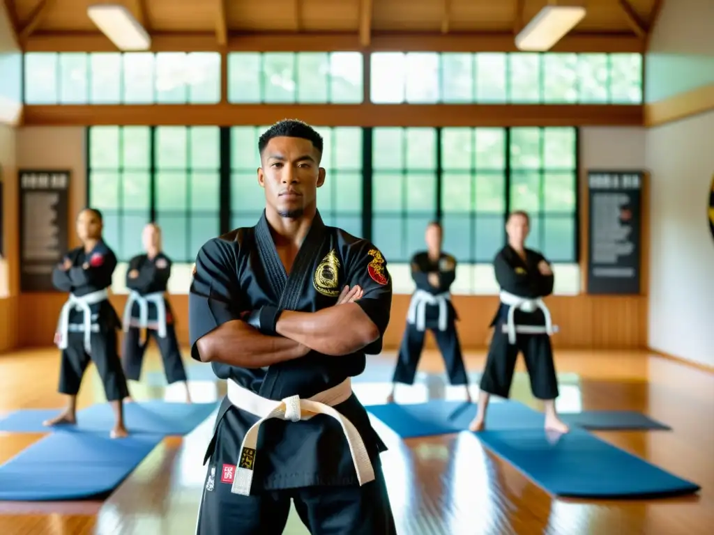 Un entrenador de artes marciales innovador dirige a una diversa clase con determinación enfocada en un gimnasio lleno de luz natural