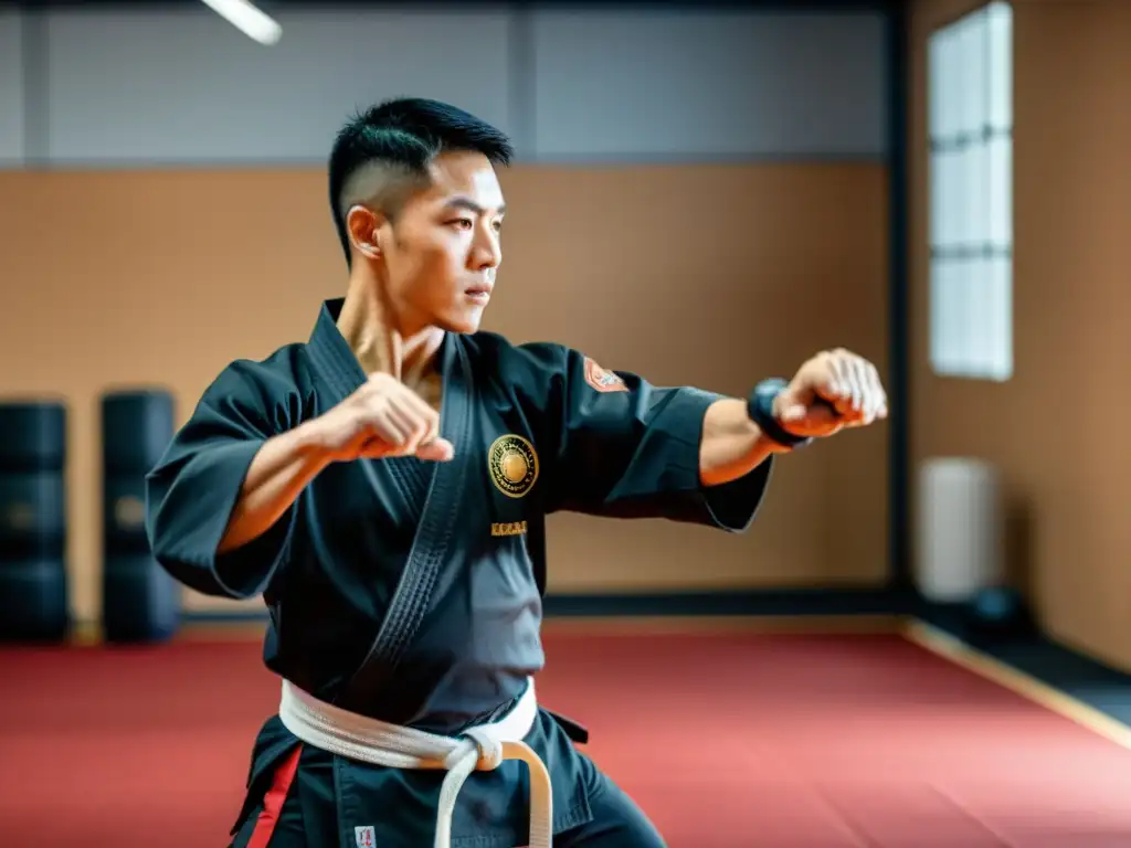 Un entrenador de artes marciales en línea dirige una sesión virtual con precisión y enfoque, mientras los estudiantes siguen con determinación