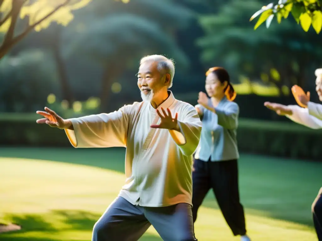 Entrenador de artes marciales mayores lidera sesión de tai chi en un jardín sereno al amanecer, transmitiendo calma y sabiduría