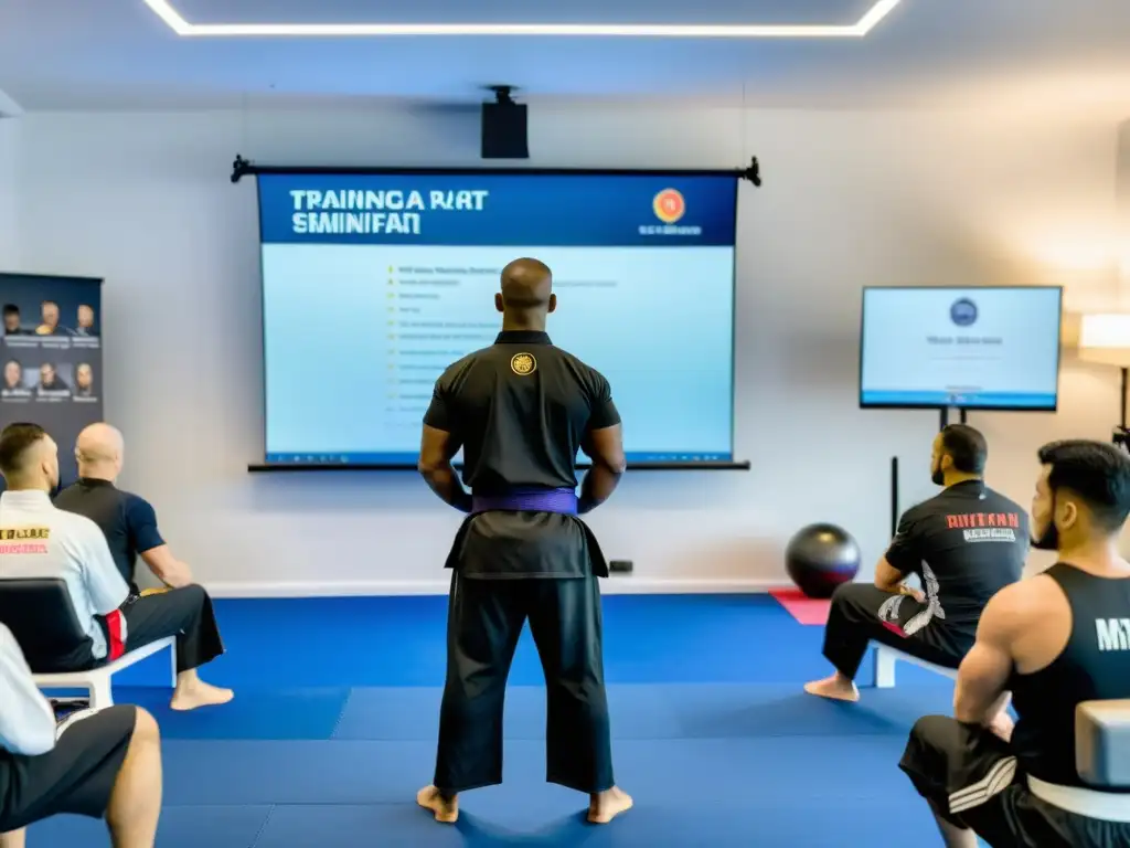 Entrenador de artes marciales mixtas liderando seminario en línea con participantes de todo el mundo, mostrando técnicas en pantalla gigante