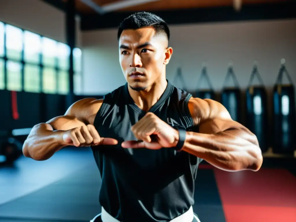 Un entrenador de artes marciales muestra movimientos precisos en un gimnasio, con una atmósfera de disciplina y comunidad