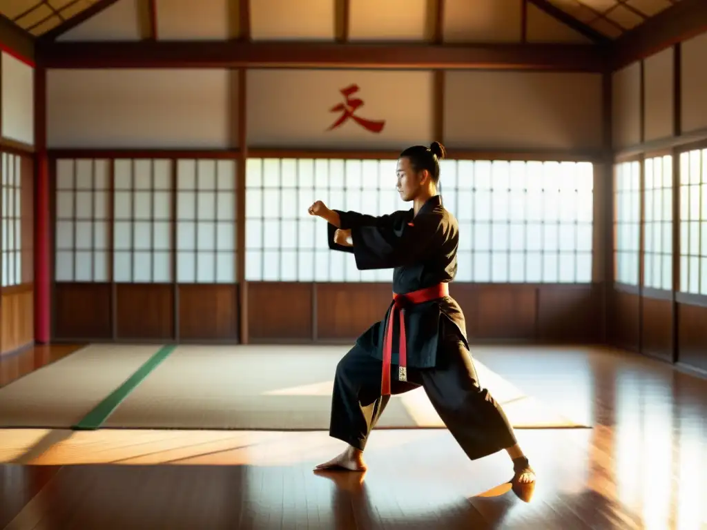 Un entrenador de artes marciales demuestra movimientos precisos en un dojo iluminado por la tarde, creando una atmósfera serena y poderosa