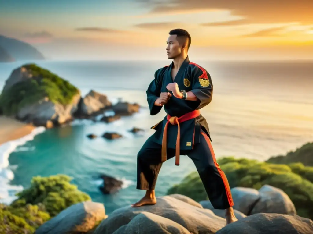 Entrenador de artes marciales practicando movimientos precisos al atardecer sobre el mar