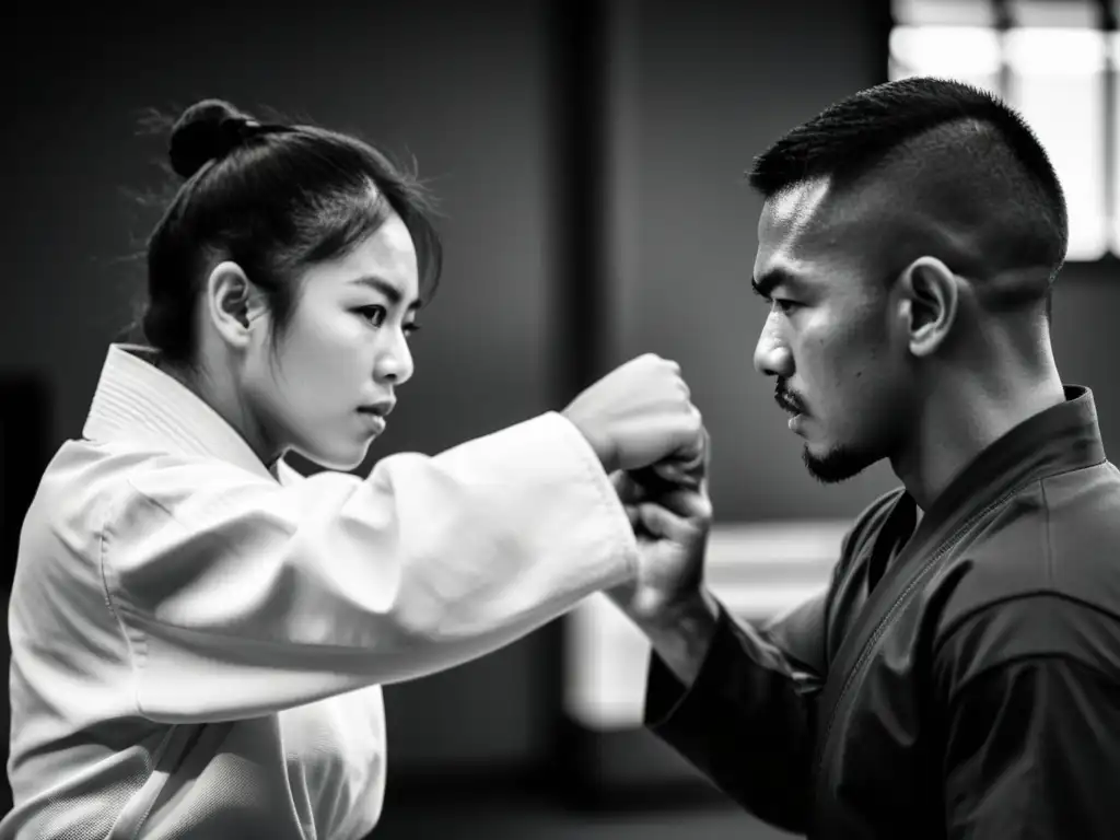 Entrenamiento de artes marciales: precisión y determinación Un entrenador de artes marciales ajusta la posición de un estudiante en pleno golpe, mostrando determinación