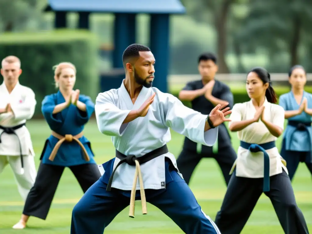 Un entrenador de artes marciales lidera una sesión al aire libre, integrando a un grupo diverso con determinación