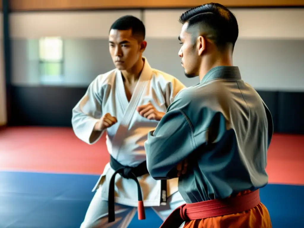 Instructor de artes marciales perfeccionando técnica Entrenador de artes marciales corrige técnica de estudiante con precisión y dedicación en sesión de entrenamiento