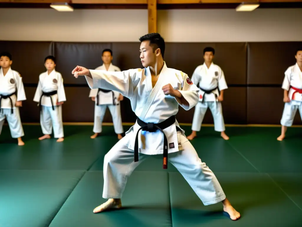 Entrenador de artes marciales demostrando técnica precisa en dojo tradicional, resaltando la importancia del entrenador en artes marciales