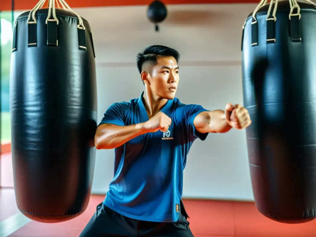 Un entrenador de artes marciales demuestra técnicas de golpeo con los mejores escudos en un gimnasio iluminado, transmitiendo pasión y enfoque