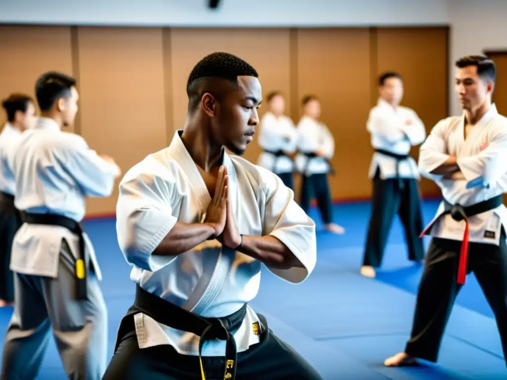 Entrenador de artes marciales demostrando técnicas de estiramiento y calentamiento para la prevención de lesiones, con alumnos concentrados en un dojo espacioso y bien iluminado