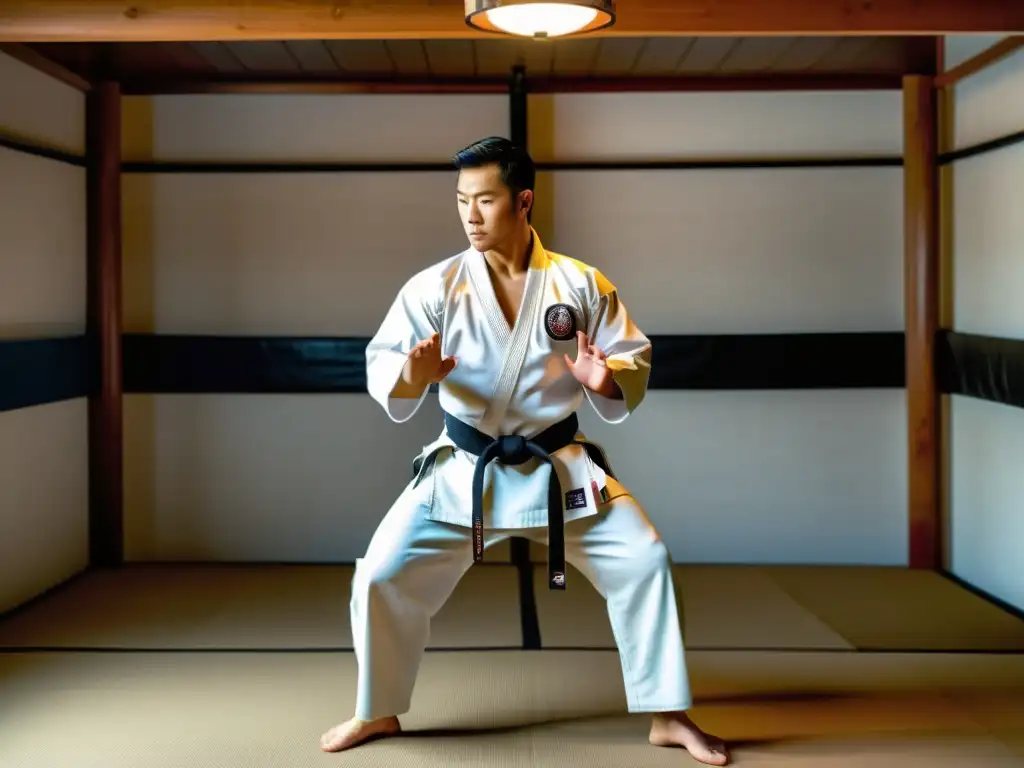 Maestro de artes marciales enseñando técnica en dojo tradicional Un entrenador de artes marciales corrige técnicas en un dojo tradicional, creando un ambiente de autenticidad y reverencia