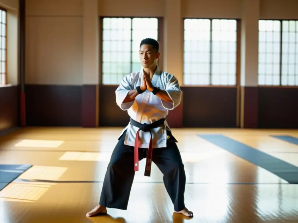 Un entrenador de artes marciales demuestra técnicas en un dojo soleado, rodeado de estudiantes en pleno entrenamiento