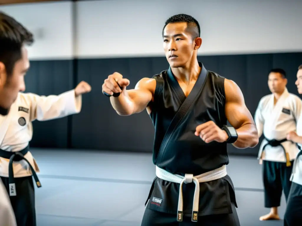 Un entrenador de artes marciales con un wearable, enseñando en un dojo tradicional