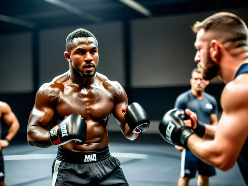 Entrenador de MMA dirige a atletas en un gimnasio tenue, practicando técnicas de artes marciales