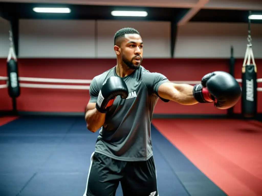 Un entrenador de boxeo profesional guía a artistas marciales en un intenso calentamiento en un gimnasio