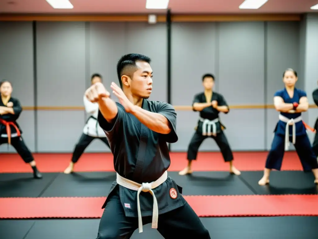 Entrenador lidera calentamiento en dojo espacioso y bien iluminado