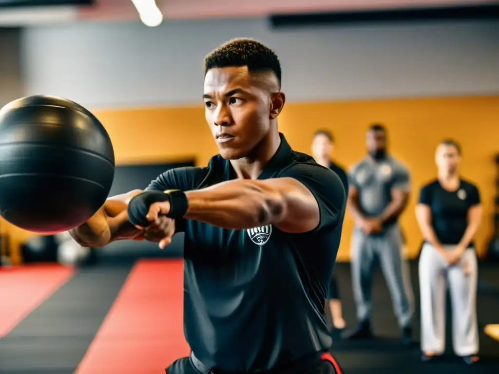 Entrenador guía a estudiantes en intenso entrenamiento marcial en un gimnasio moderno