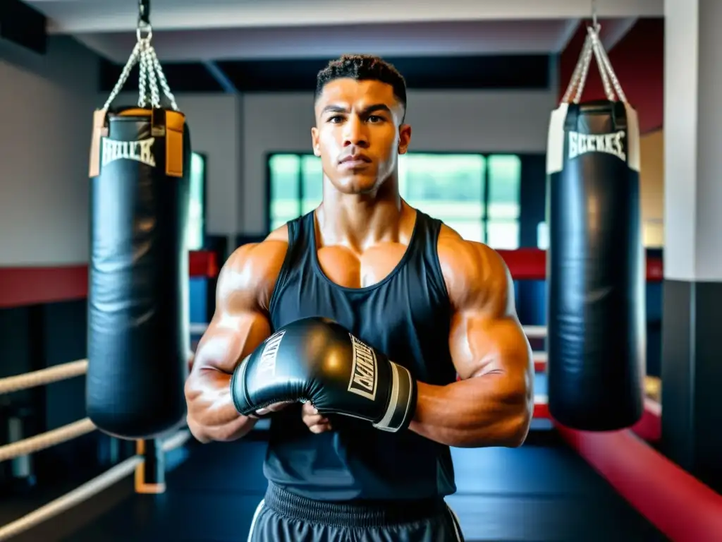 Un entrenador de kickboxing profesional en un gimnasio bien equipado, rodeado de equipamiento esencial para el entrenamiento de kickboxing