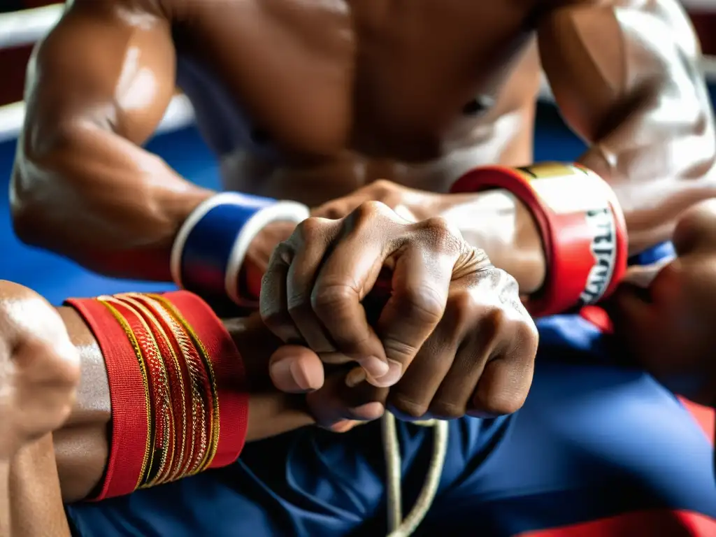 Un entrenador envuelve con precisión las manos del luchador de Muay Thai con tela tradicional, mostrando determinación y enfoque