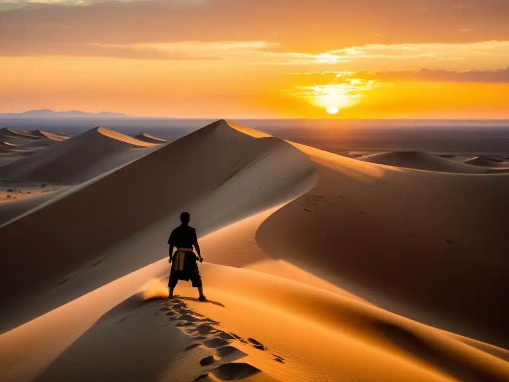 Un entrenador nómada se destaca en un atardecer dorado en el desierto, con sistemas GPS integrados