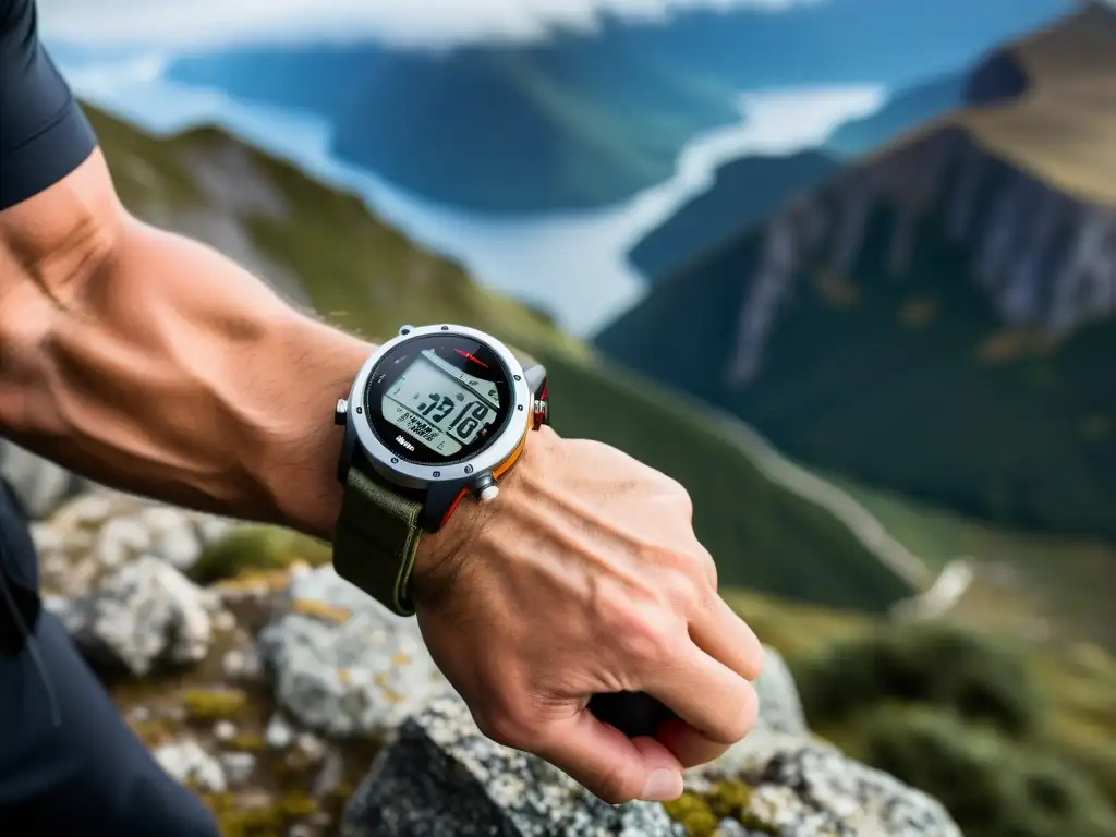 Un entrenador nómada ejecuta una patada redonda en la cima de una montaña remota, con un GPS en la muñeca