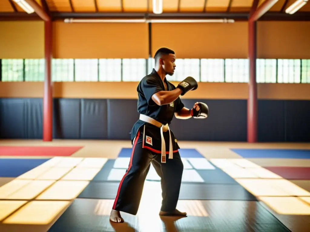 Un entrenador personal de artes marciales guía a su estudiante en un estudio iluminado por el sol, transmitiendo la intensidad de la práctica