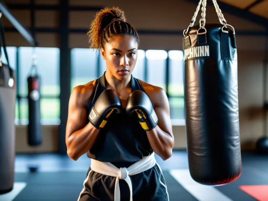 Un entrenador personal de artes marciales practica en un gimnasio, con la luz tenue creando un ambiente intenso