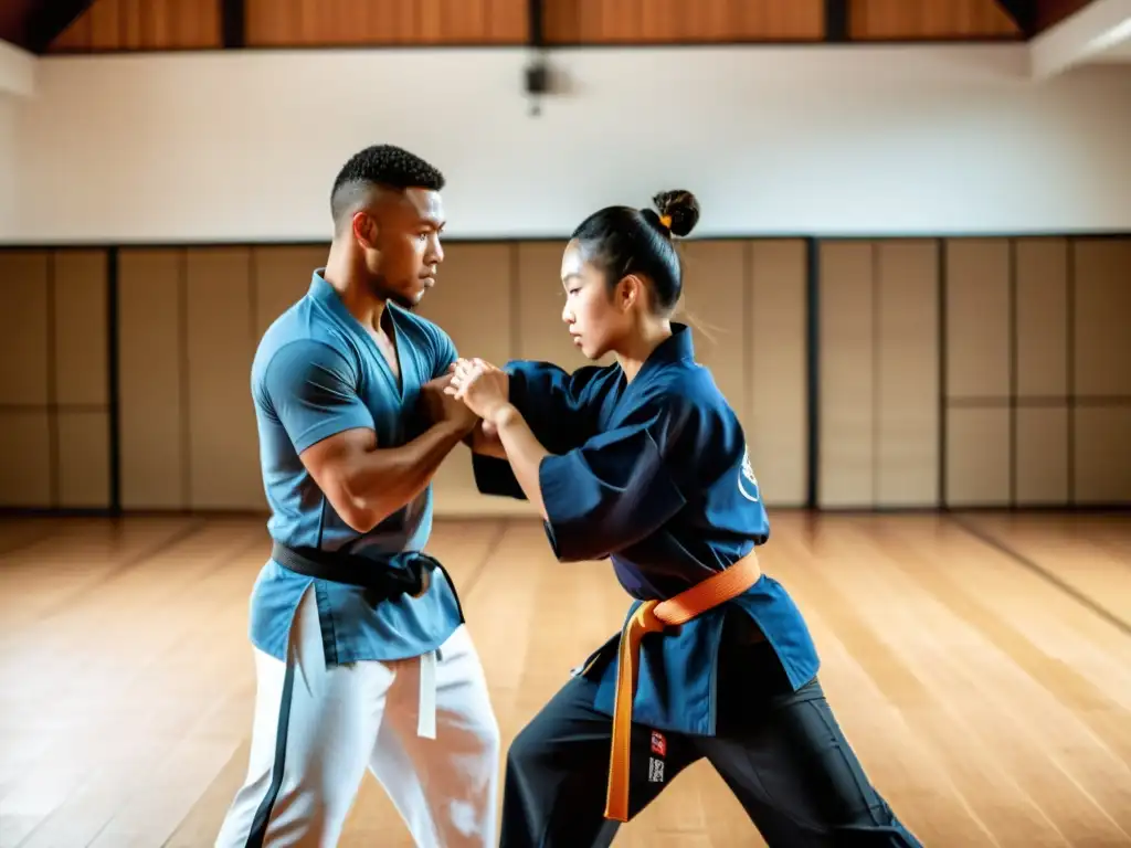 Un entrenador personal de artes marciales en línea guía a un estudiante con precisión en un dojo sereno y meditativo